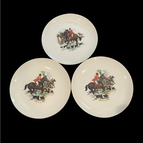 Winterling Bavaria Germany Fox Hunt Equestrian Gold Tone Rim China Plates 7.75” - Picture 1 of 10